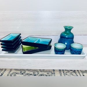 NWOT Blue Glazed Kiln Dual Sauce Bowls and Sake Kit